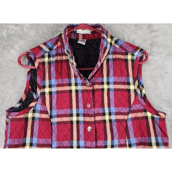 Rebecca Malone Vest Womens Medium Red Plaid Quilted Snap On Sleeveless Vintage - Picture 7 of 11